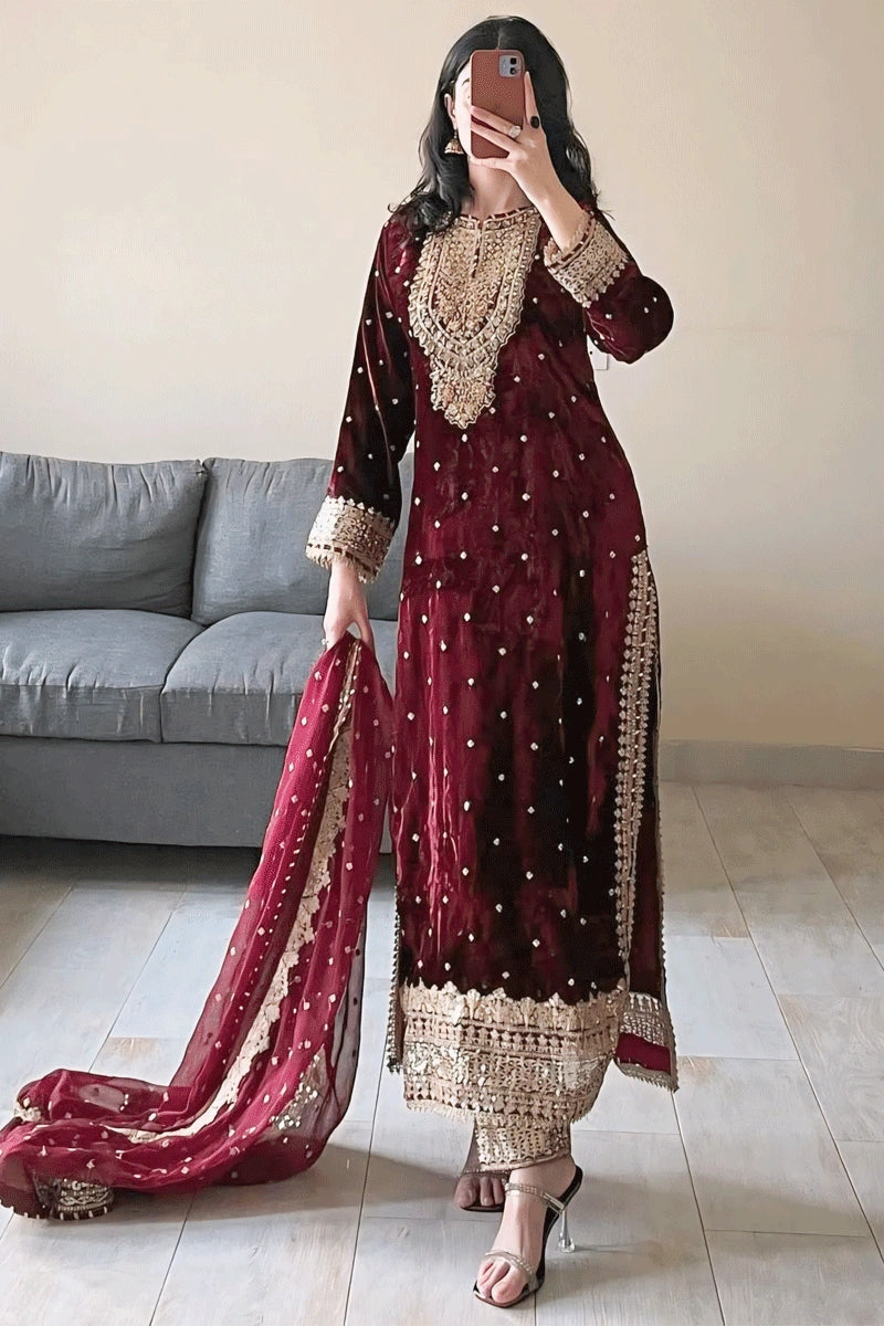 Maroon Color Punjabi Dress For Lohri Function Tunics Corduroy durable