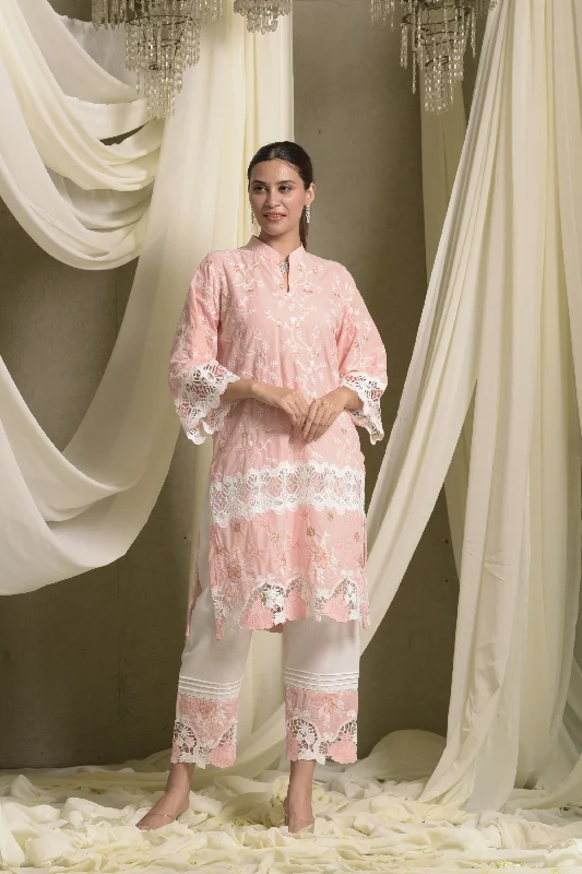 Myra Mesh Floral Lace Kurta With Pants - Peach Classic Bootcut Trousers