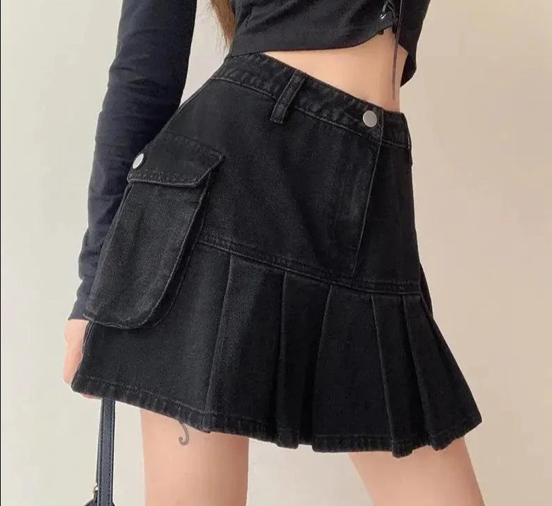 Skirt Women Folds Denim Mini Casual A-Line Vintage Fashionable Harajuku Sweet Girls denim skirt stylish