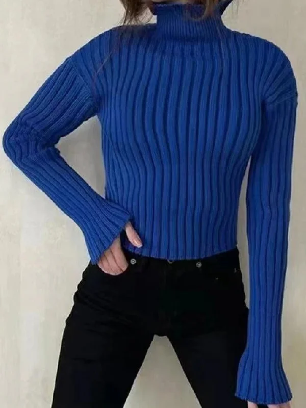 Solid Turtleneck Ribbed Short Sweater Sweater Knitwear Pullover
