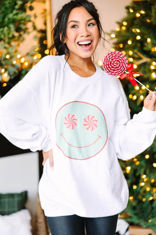 Sweet Smiles White Corded Graphic Sweatshirt Hoodie with Side Slits Relaxed Casual