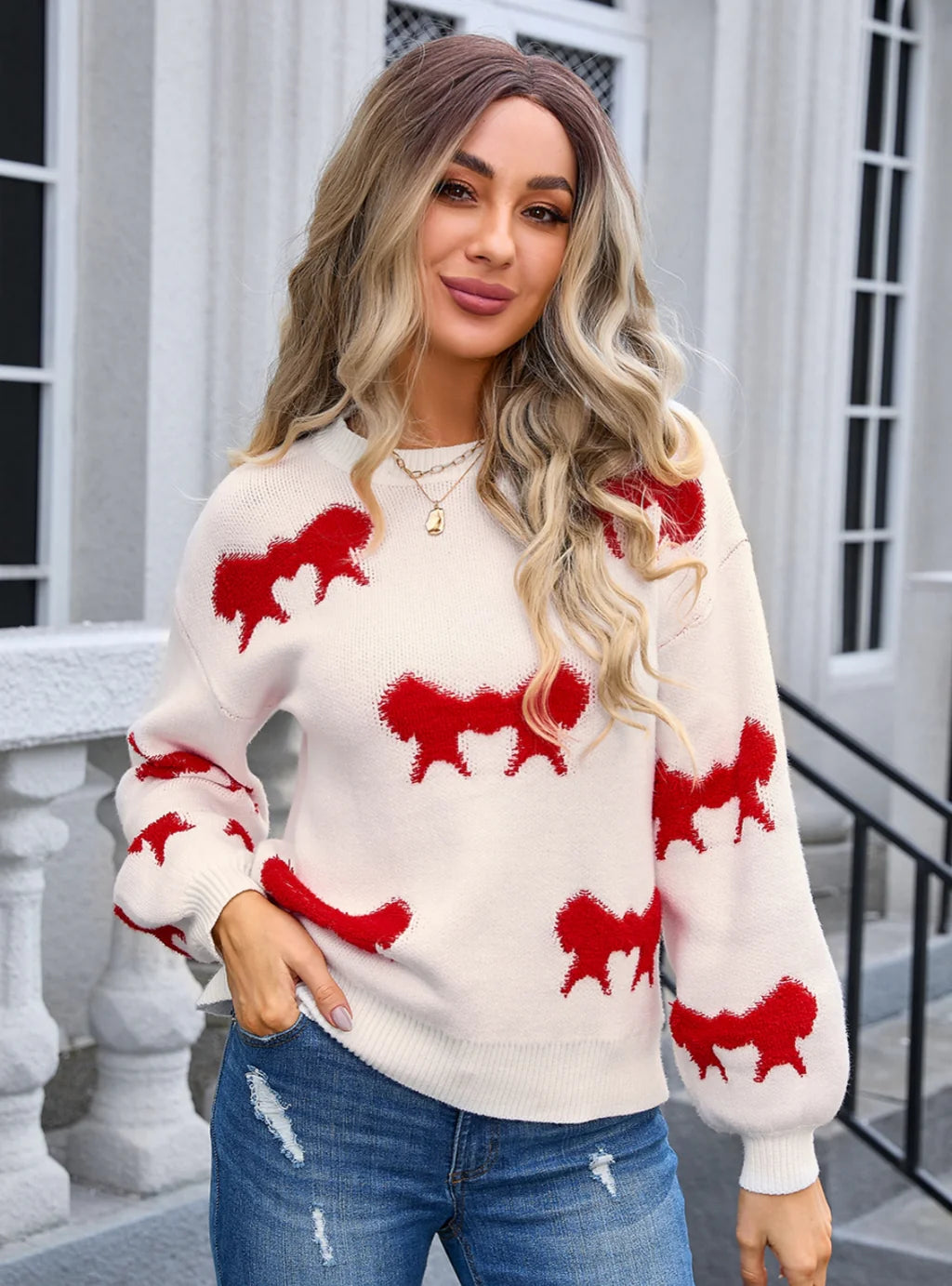 Round Neck Long Sleeve Bow Sweater Cashmere Blend Cotton Blend Poly Blend