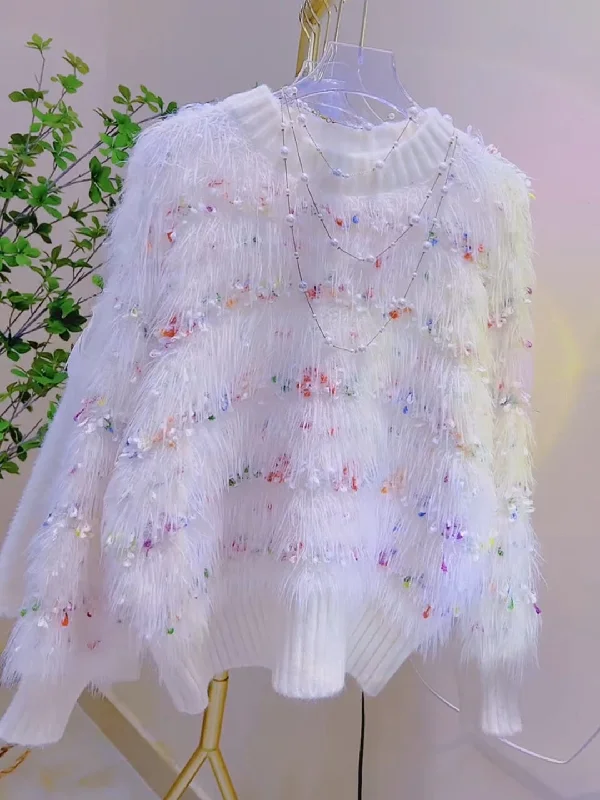 Shaggy Texture Colorful Bead White Sweater Plaid Sweater Polka Dot Checkered