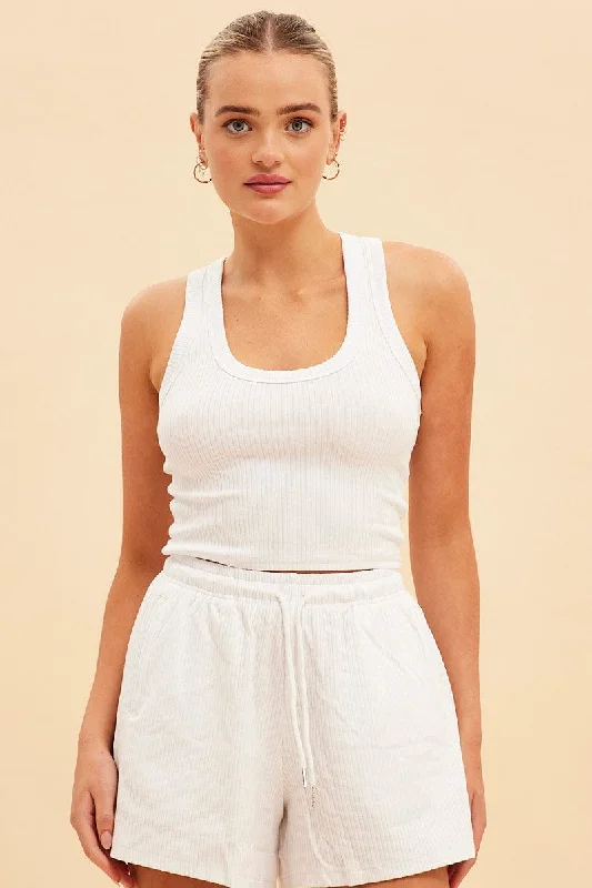 White Prea Scoop Neck Crop Rib Sleeveless Tank open back tank