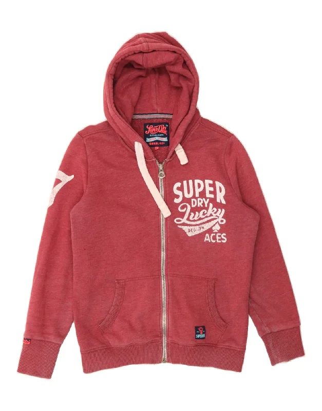 SUPERDRY Womens Graphic Zip Hoodie Sweater UK 16 Large Red Cotton Hooded Sweatshirt Casual Wear Street Style