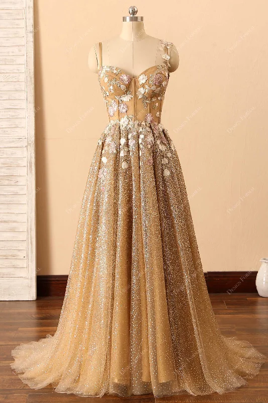 Gold Ombre Glitter Corset Embroidery Unique Long Prom Dress Tunics Ceremony elegant