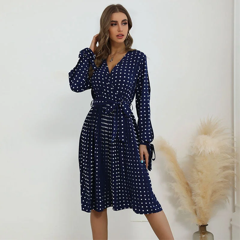 IKEARLAX  trade   autumn and winter  strap hollow skirt cross-border v-neck pleated polka dot dress Tunics Yoga stretchy