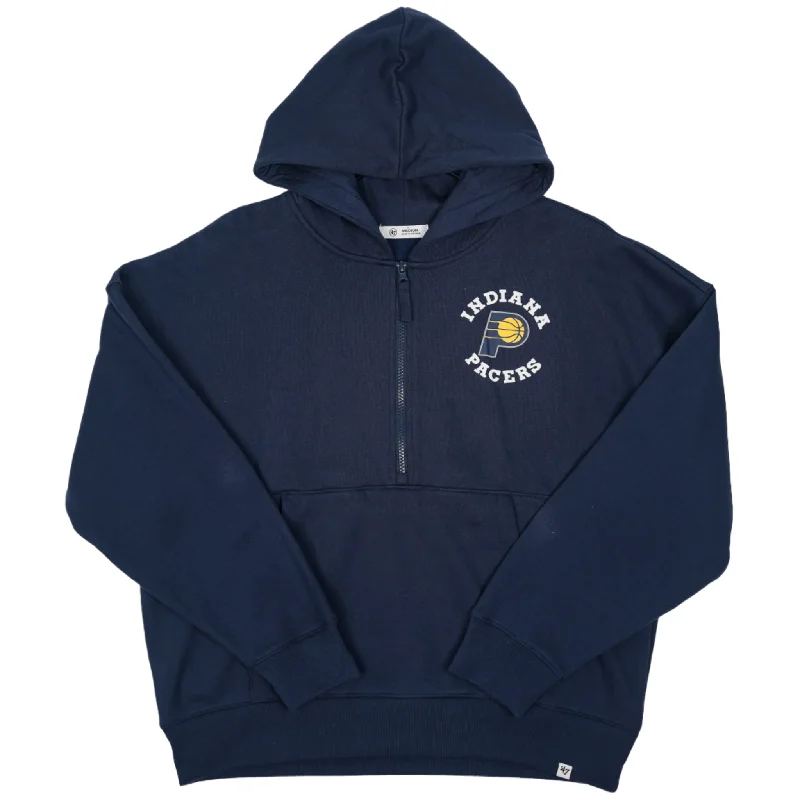 Women's Indiana Pacers 1/4 Zip Pippa Hooded Sweatshirt in Navy by '47 Hoodie with Front Slit Layering Stylish