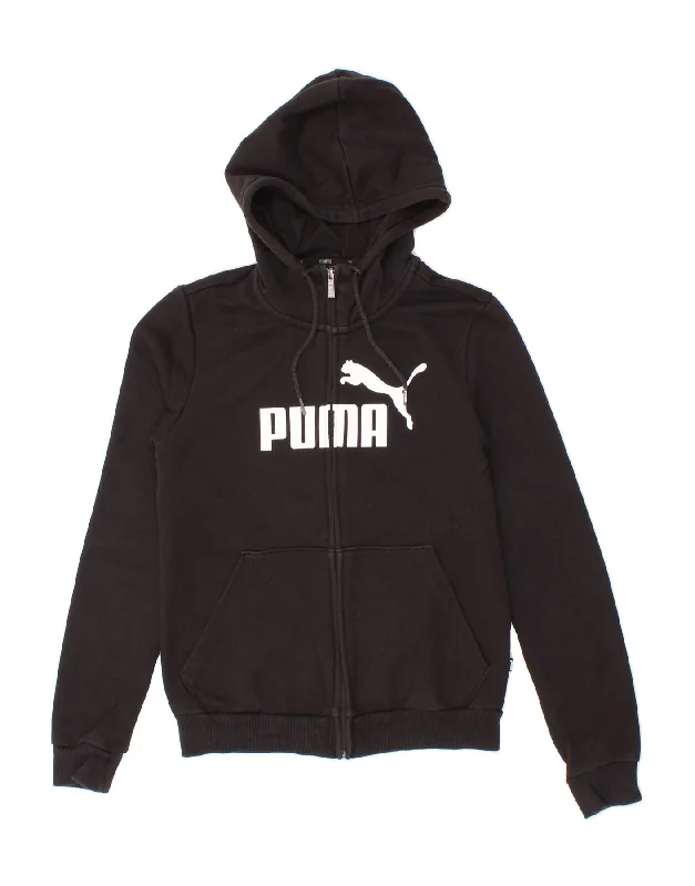 PUMA Womens Graphic Zip Hoodie Sweater UK 10 Small  Black Cotton Hoodie with Back Slit Movement Comfort