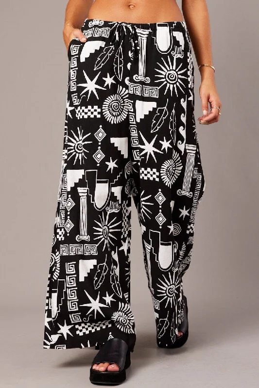 Black Abstract Wide Leg Pants High Rise Classic Chino Pants