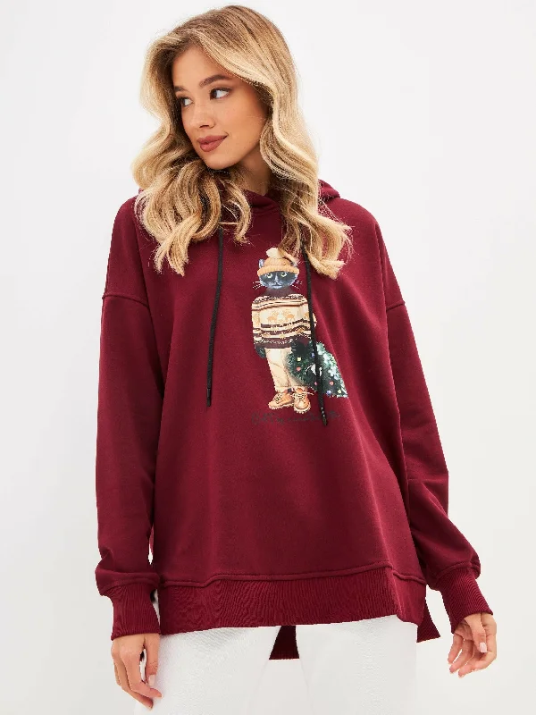 Burgundy Printed Oversized Hoodie CHRISTMAS CAT Hoodie with Rhinestones Sparkly Elegant