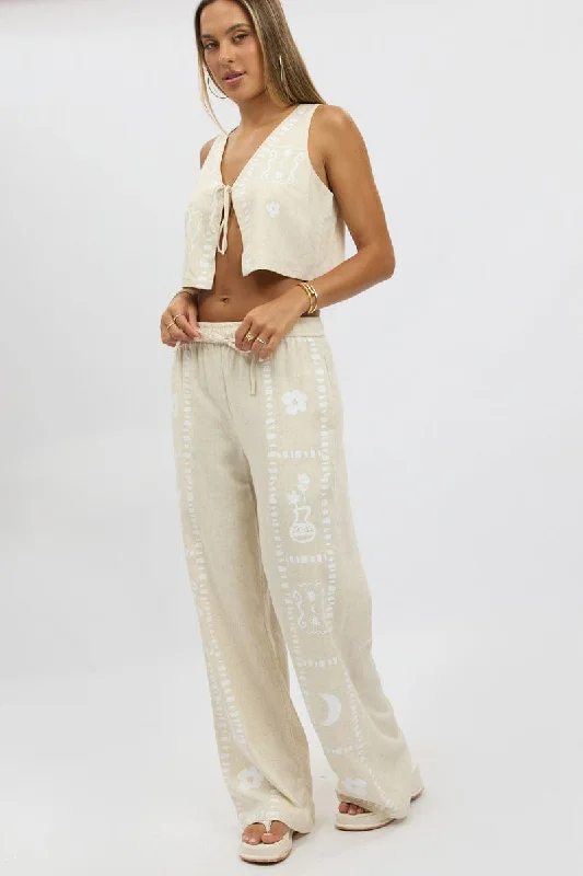 Beige Wide Leg Pants Elasticated Waist Classic Flared Pants