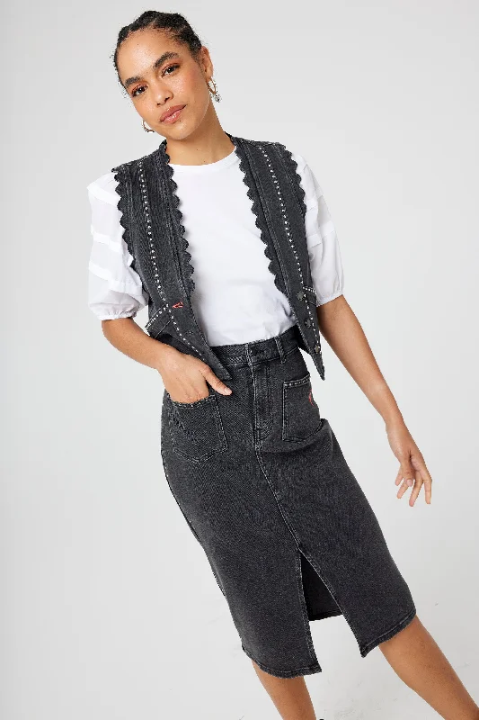 Washed Black Studded Denim Split Front Midi Skirt lace skirt delicate