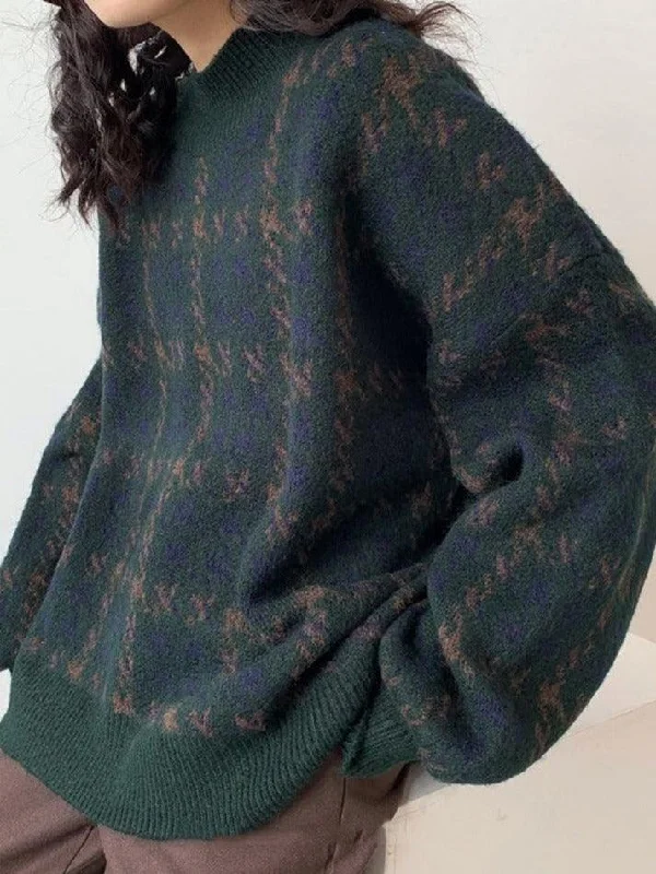 Houndstooth Crew Neck Knit Sweater Elasticated Padded Insulated