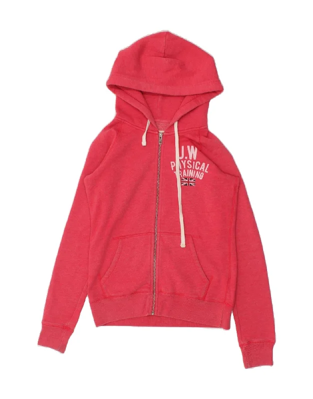 JACK WILLS Womens Graphic Zip Hoodie Sweater UK 8 Small Pink Cotton Fitted Loose Oversized
