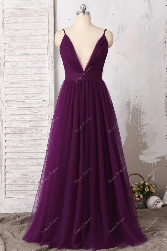 Grape Tulle Sexy Plunging Open Back Thin Straps Open Back Dress Tunics Vintage classic