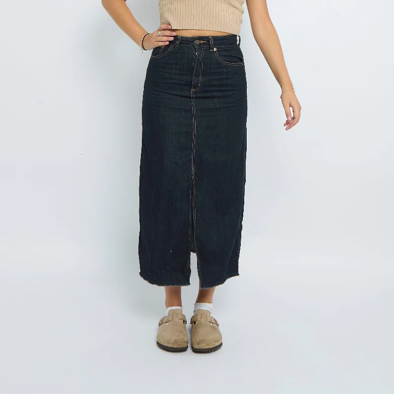 Frayed Denim Maxi Skirt - UK 8 leather skirt bold