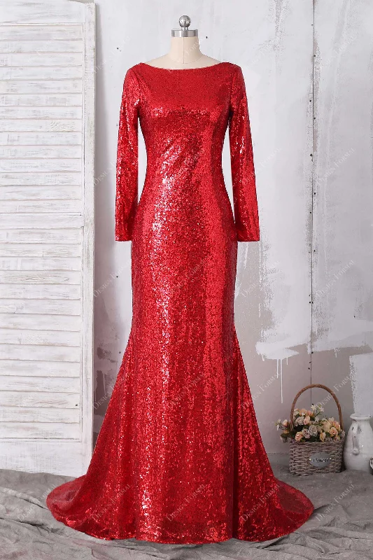 Red Sequin Long Sleeve Elegant Boat Neck Plus Size Simple Formal Dress Tunics Long Elegant