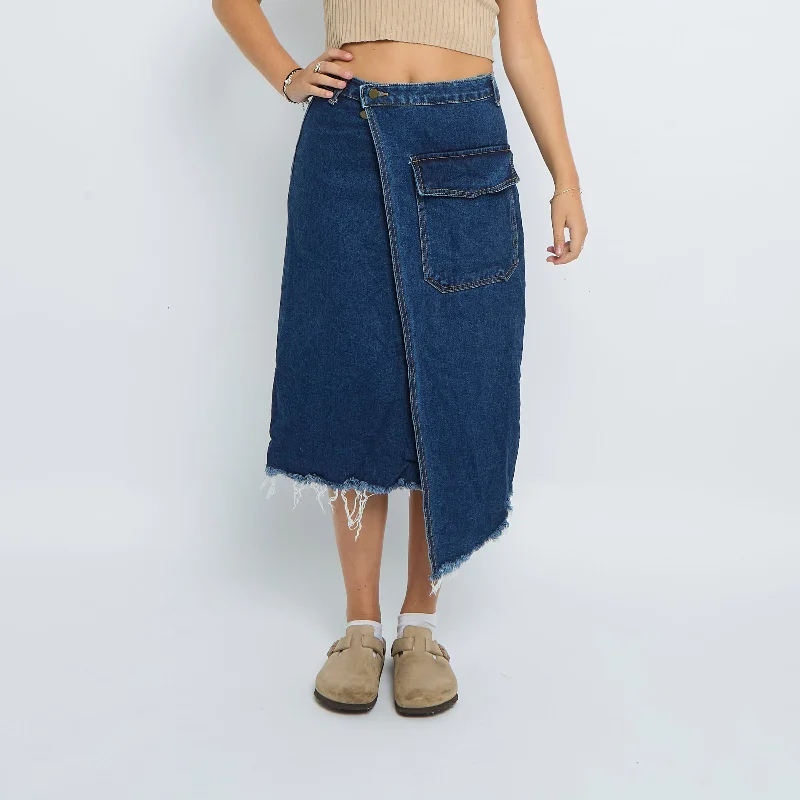 Denim Frayed Midi Skirt - UK 10 ribbed skirt waist