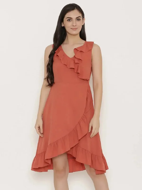 Overlap Dress with frill at neck and hem in Terrecotta Color Tunics Bestseller popular Overlap Dress with frill at neck and hem in Terrecotta Color Tunics Bestseller popular