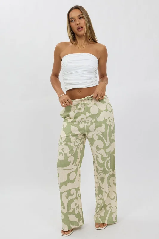 Green Abstract Wide Leg Pants High Rise Elegant Dress Pants