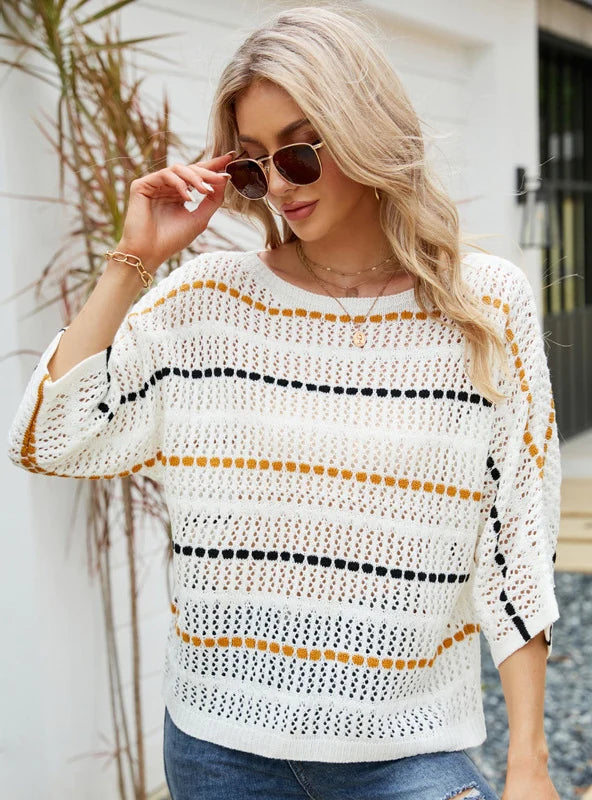 CLASSY STRIPED CROPPED SLEEVE HOLLOW KNIT SWEATER Anti-Pilling Anti-Shrink Durable