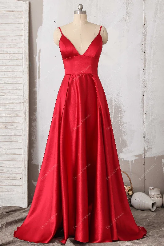 Red Satin Spaghetti Straps Simple V-neck Floor Length Prom Dress Tunics Corduroy durable