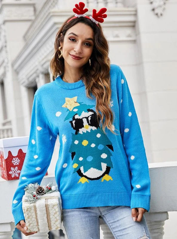 FASHION ROUND NECK LONG SLEEVE SEQUINED ANIMAL CHRISTMAS SWEATER Graphic Sweater Embroidered Appliqued