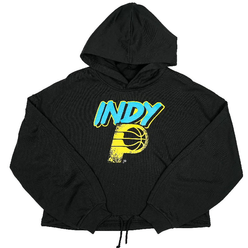 Women's Indiana Pacers 24-25' CITY EDITION Balloon Sleeve Hooded Sweatshirt in Black by New Era Hoodie with Side Slits Relaxed Casual