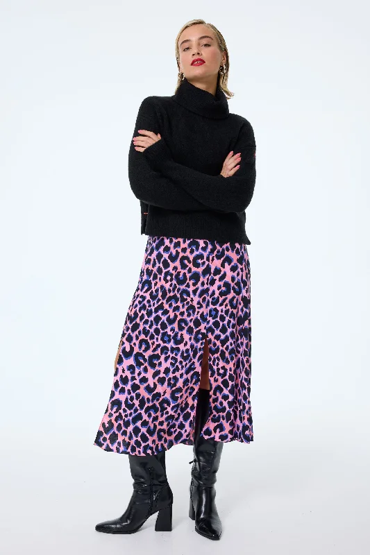 Pink with Blue and Black Shadow Leopard Split Front Skirt satin skirt smooth