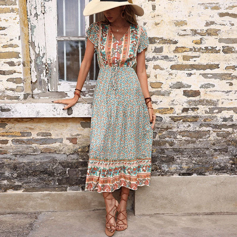 IKEARLAX Independent station   long dress retro printing green thin dress women's summer Tunics Distressed trendy