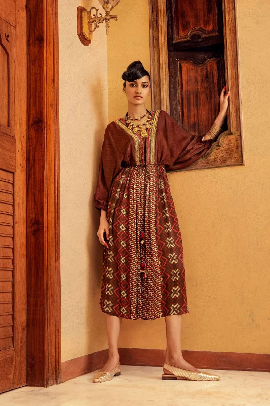 Brown Printed  & Embroidered Dress Tunics Sophisticated sleek