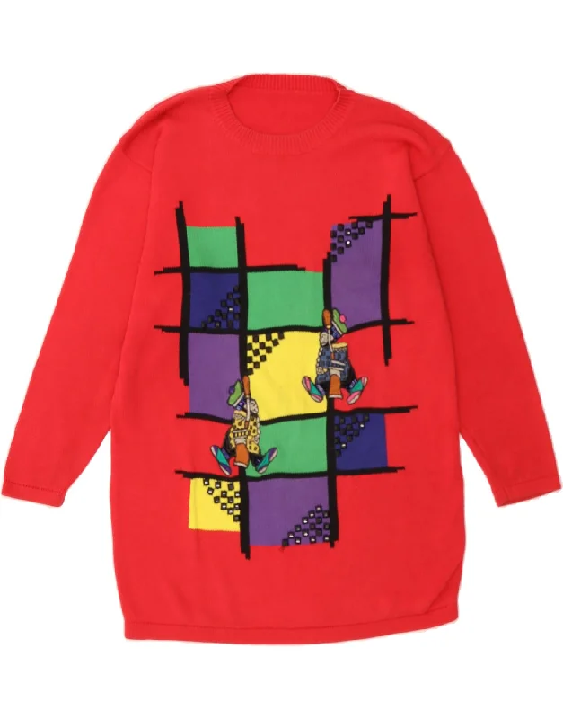 VINTAGE Womens Longline Crew Neck Jumper Sweater UK 14 Large Red Geometric Print Jacquard Patchwork VINTAGE Womens Longline Crew Neck Jumper Sweater UK 14 Large Red Geometric Print Jacquard Patchwork