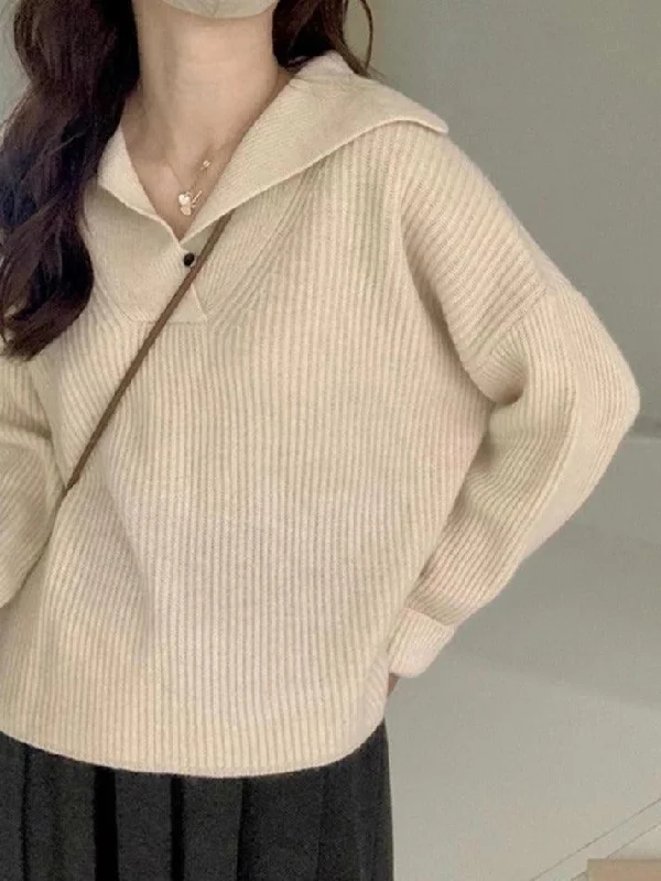Solid Color Lapel Neck Baggy Sweater Turtle Neck Boat Neck Asymmetrical Neck