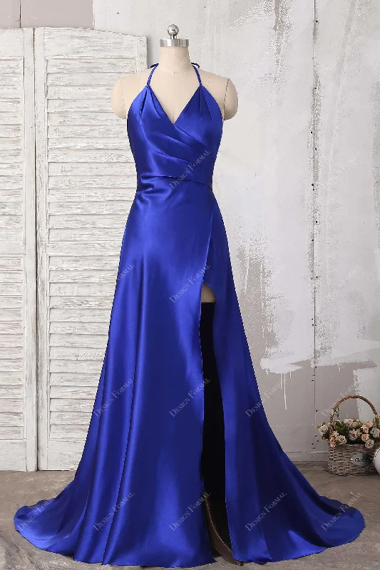 Royal Blue Satin Halter Thin Straps Sexy Slit Simple A-line Prom Dress Tunics Canvas sturdy