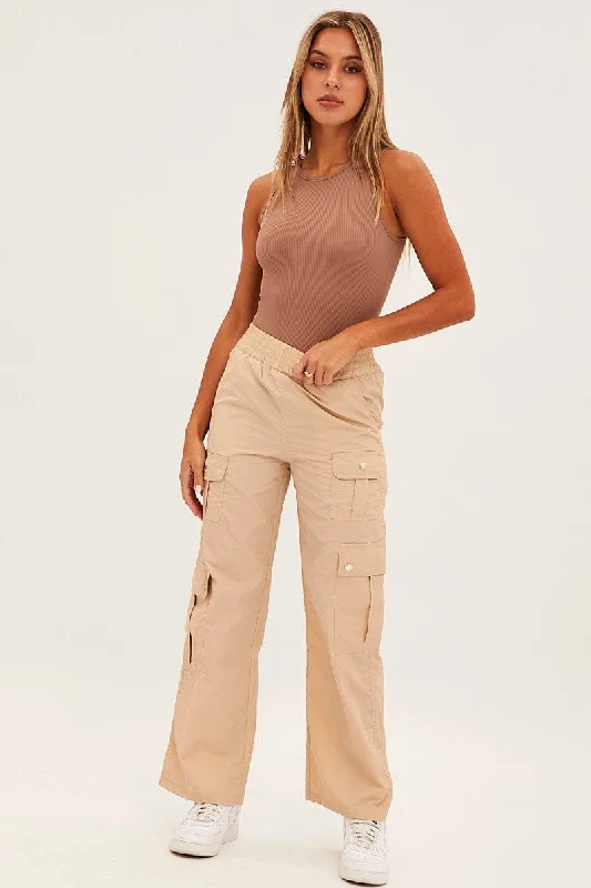 Beige Elastic Waist High Rise Wide Leg Cargo Pants Casual Plaid Pants