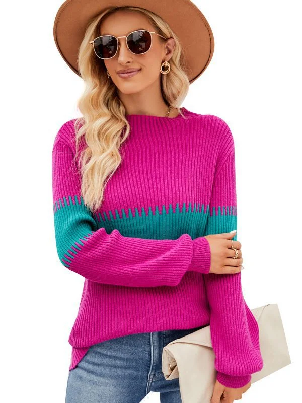 FASHION CONTRAST STITCHING SEMI-TURTLENECK LOOSE SWEATER Bright Pastel Dark