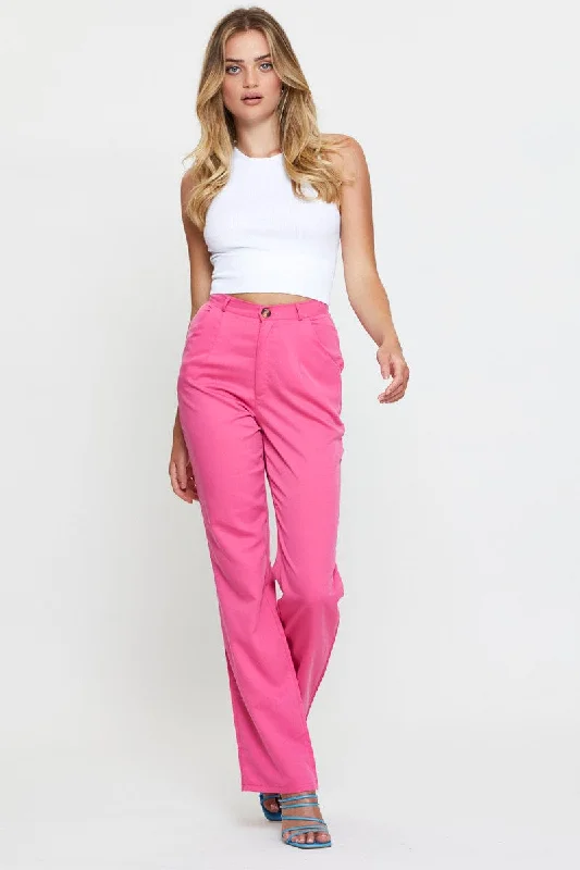 Pink Wide Leg Pant High Rise Elegant Silk Pants