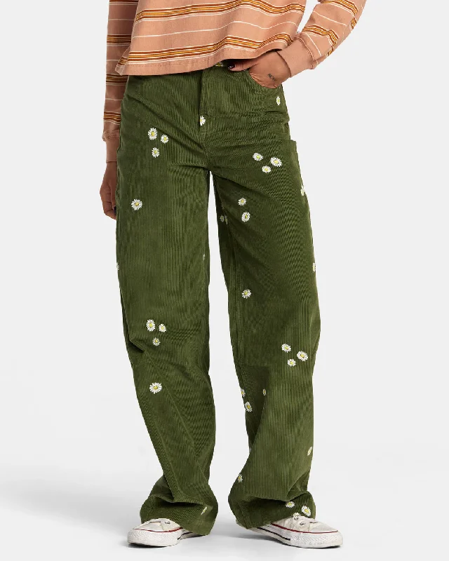 Coco Embroidered Wide Leg Pants - Leaf High-Waist Trousers