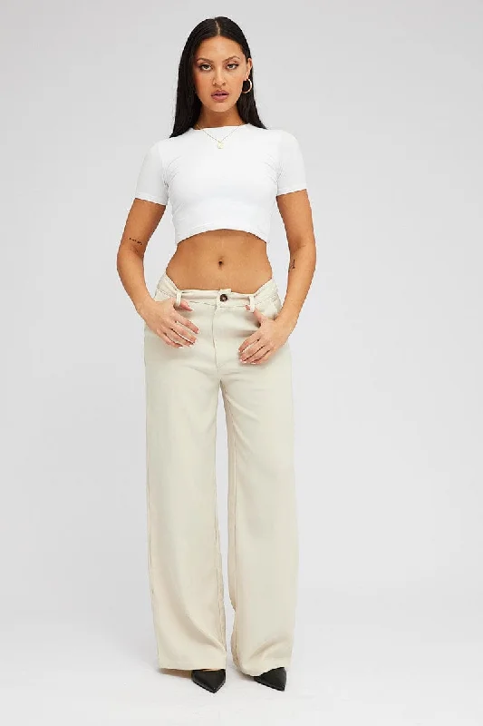 Beige Wide Leg Pants High Rise Fashionable Work Pants