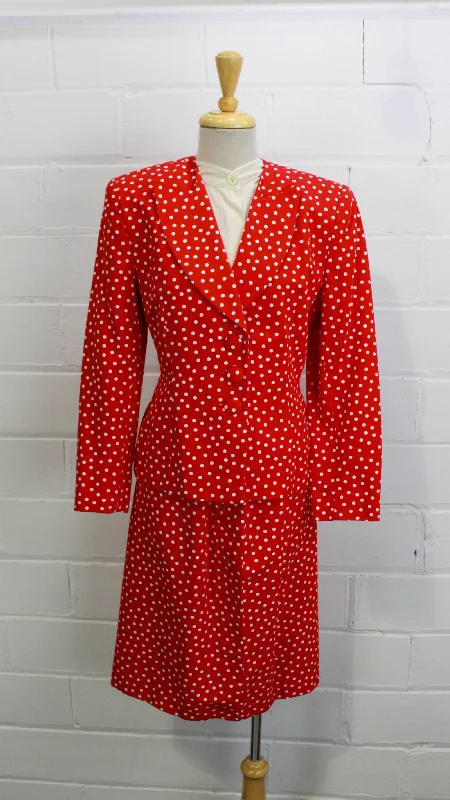 Vintage 1980s Ilie Wacs Red and White Polka Dot Skirt Suit, Medium leather skirt bold