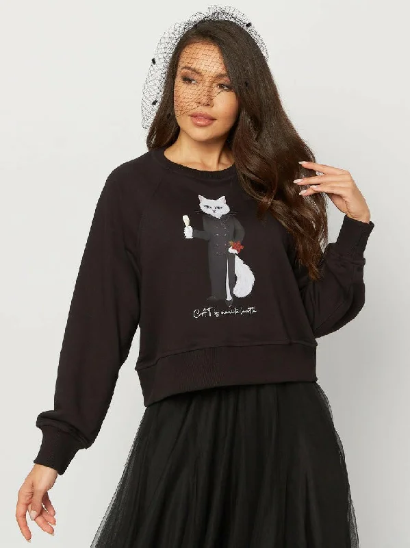 Black Printed Sweatshirt CHRISTMAS WHITE CAT Hoodie with Cropped Fit Short Trendy