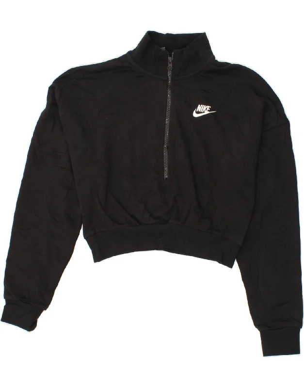 NIKE Womens Oversized Zip Neck Sweatshirt Jumper UK 6 XS Black Cotton Hoodie with Lace Feminine Delicate