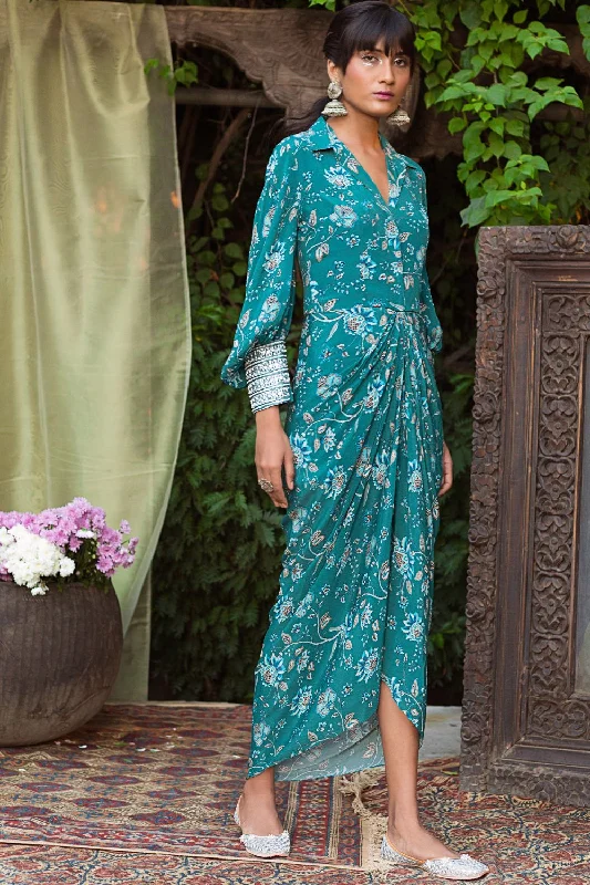 Teal Printed Draped Dress Tunics Office stylish