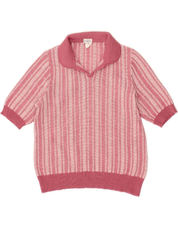 VINTAGE Womens Polo Neck Jumper Sweater UK 12 Medium Pink Striped Elasticated Padded Insulated