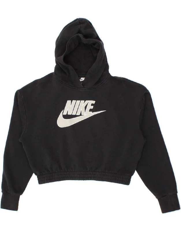 NIKE Womens Oversized Crop Graphic Hoodie Jumper UK 10 Small Black Cotton Hoodie with Zipper Versatile Modern