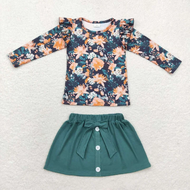 GLD0590 Floral long sleeve dark green skirt set High quality mini skirt trendy