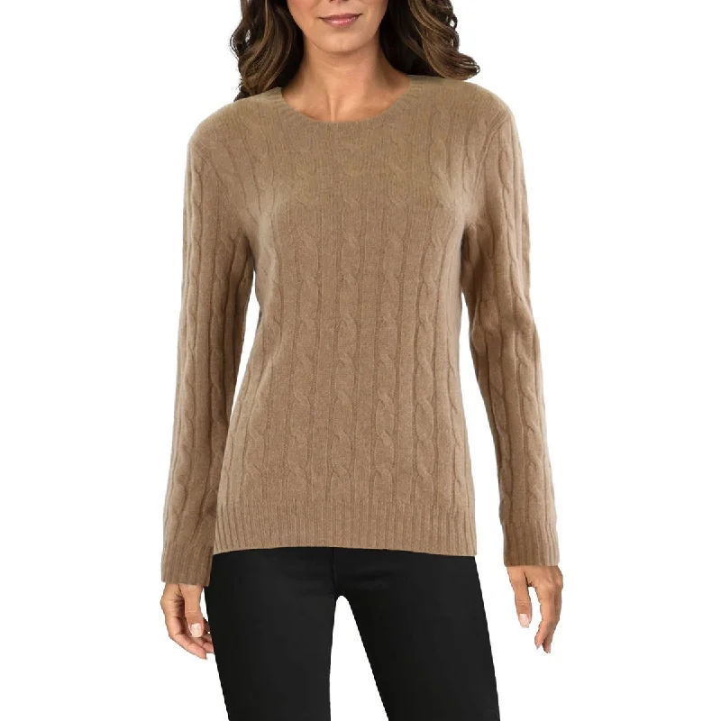 Womens Cashmere Cable Knit Crewneck Sweater Welt Pockets Slit Pockets Flap Pockets