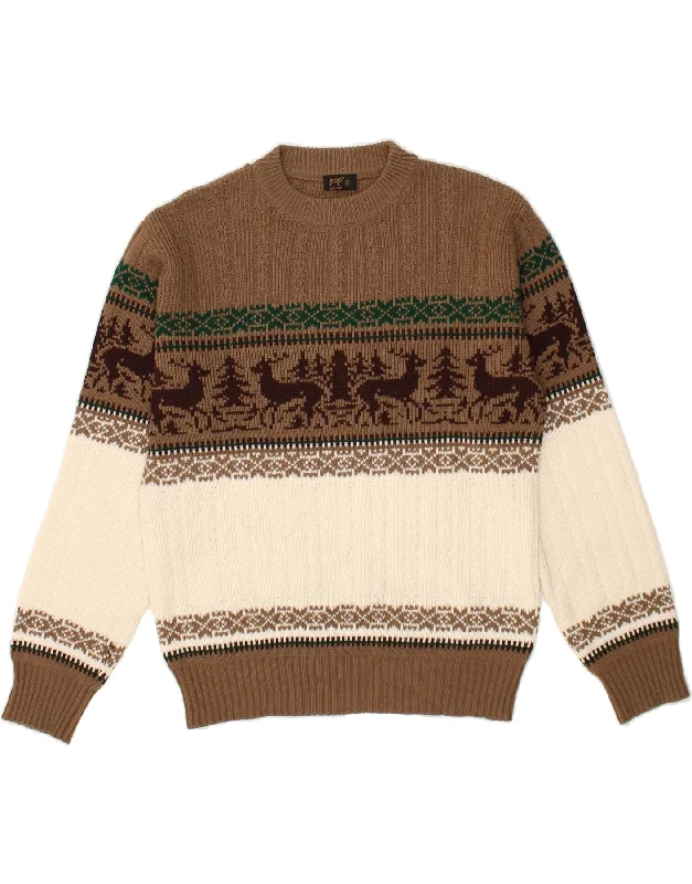 VINTAGE Womens Crew Neck Jumper Sweater UK 16 Large Brown Fair Isle Wool Sweater Knitwear Pullover