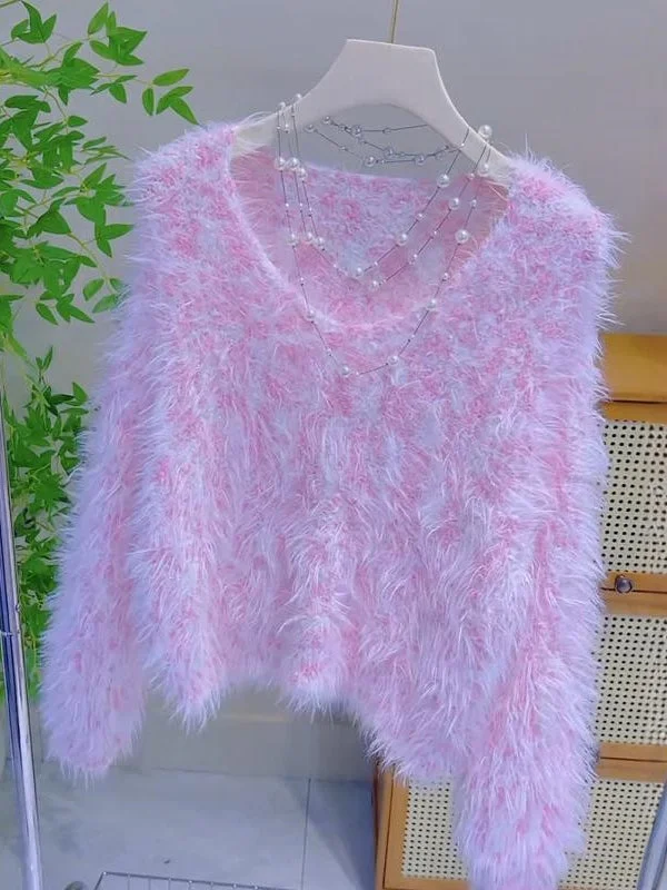 Cozy Fuzzy Texture Soft Fluffy Pink Sweater High Neck Crew Neck V-Neck